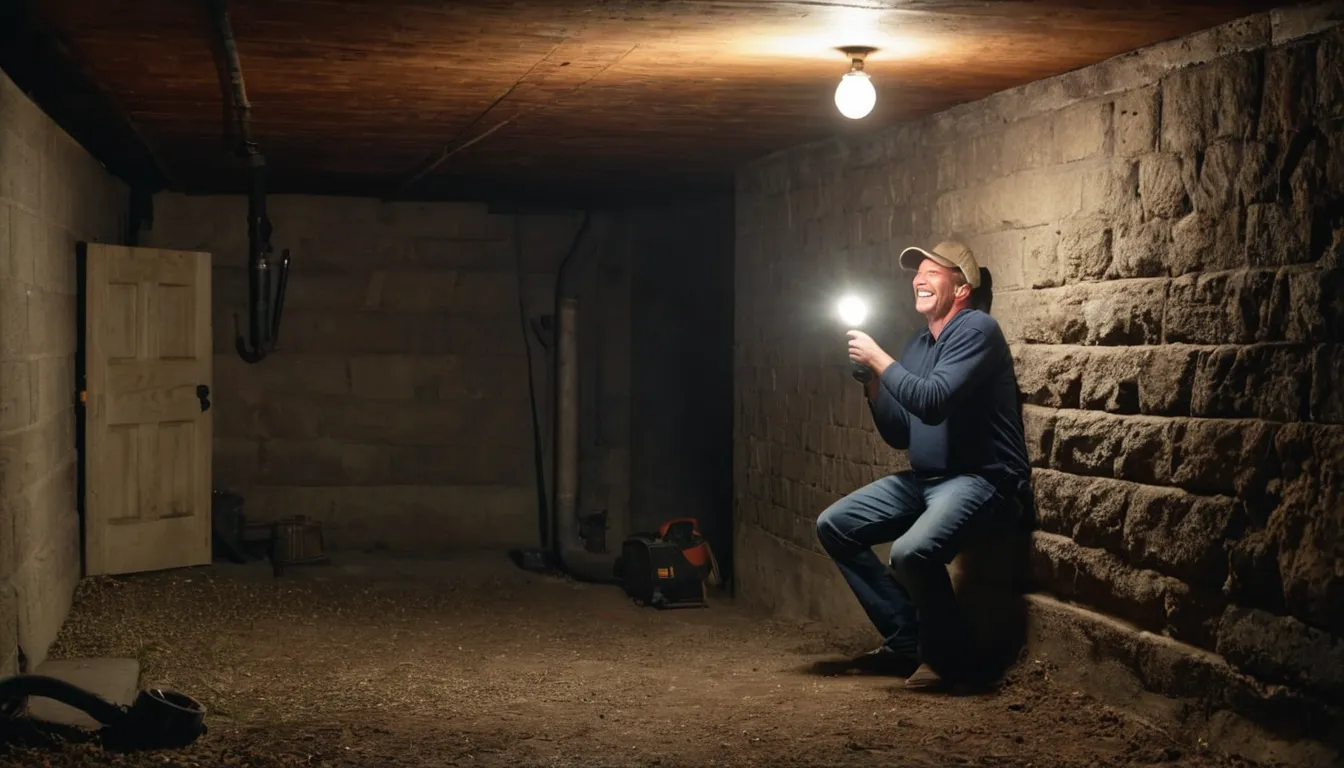 Homeowner inspecting a basement corner near a sump pump